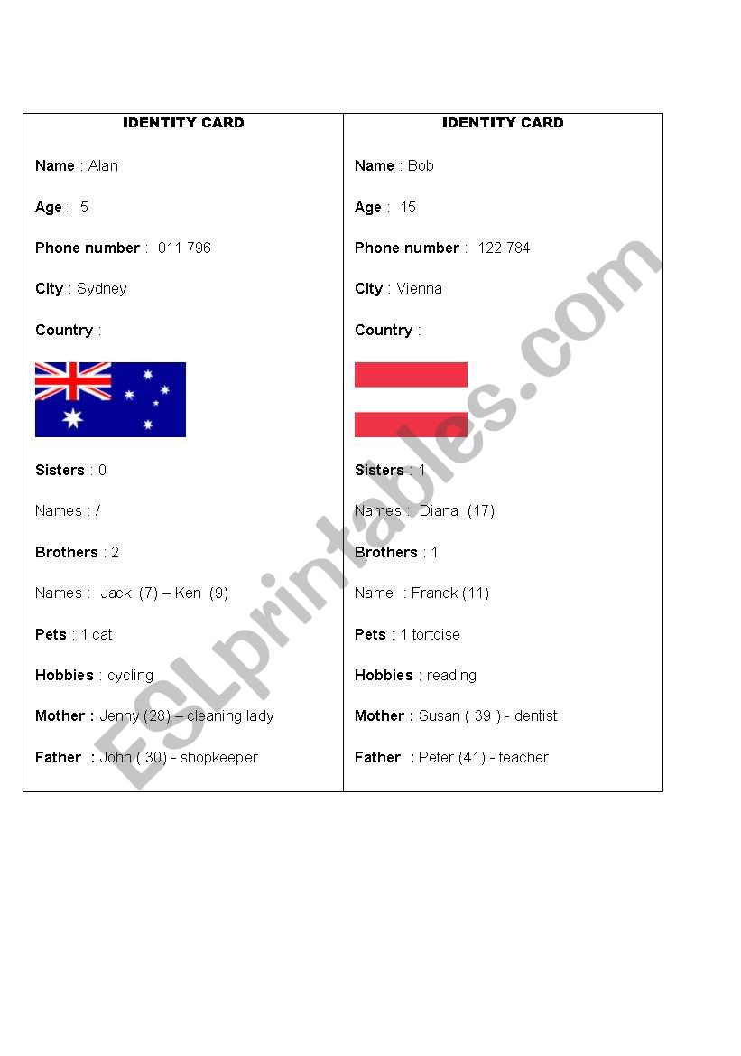 Identity Card worksheet