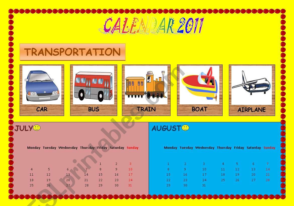 Calendar 2011 Transportation worksheet