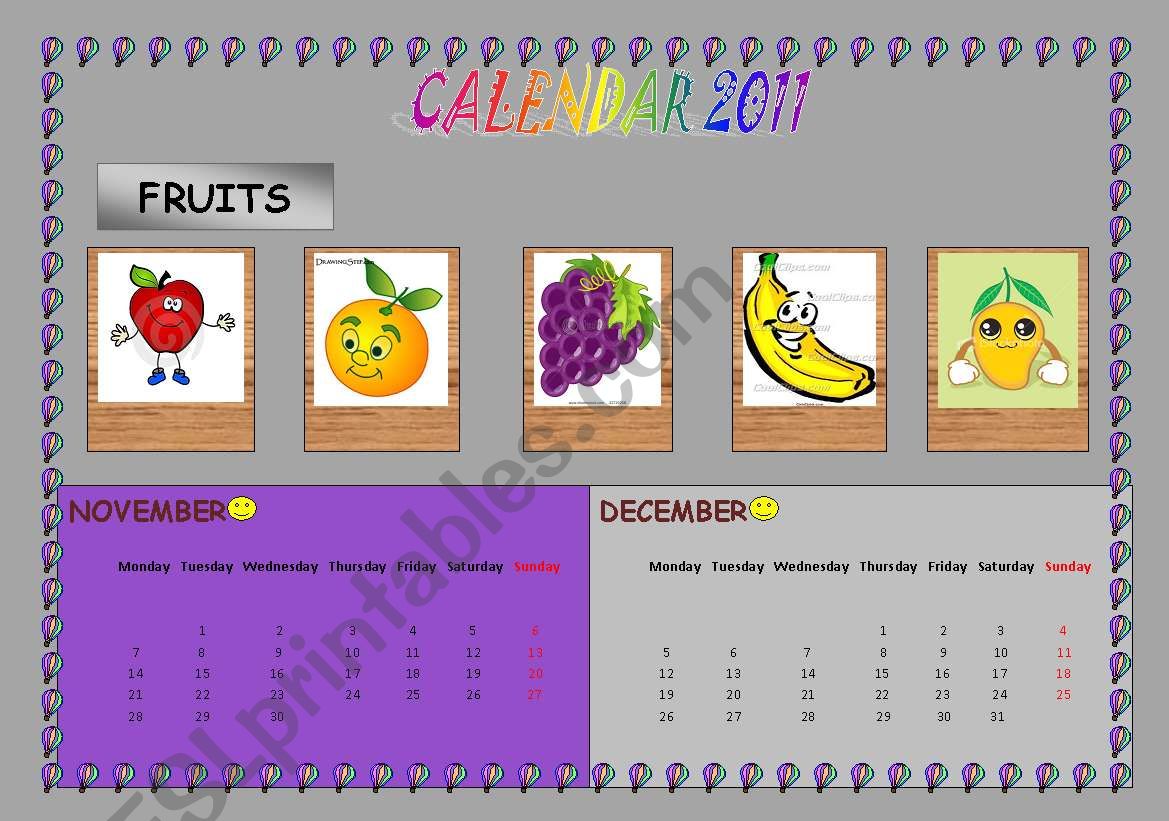 Calendar 2011 fruits worksheet