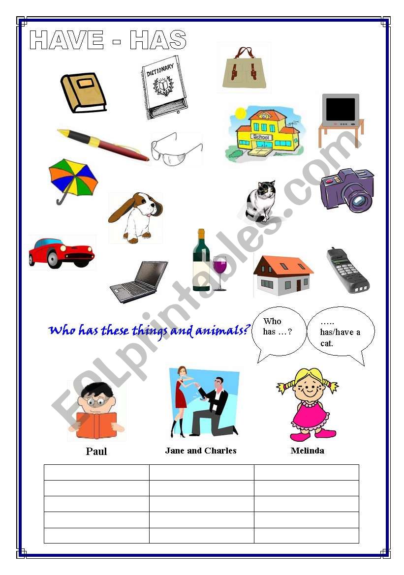 HAVE - HAS (for children or beginners), basic vocabulary (1 page)