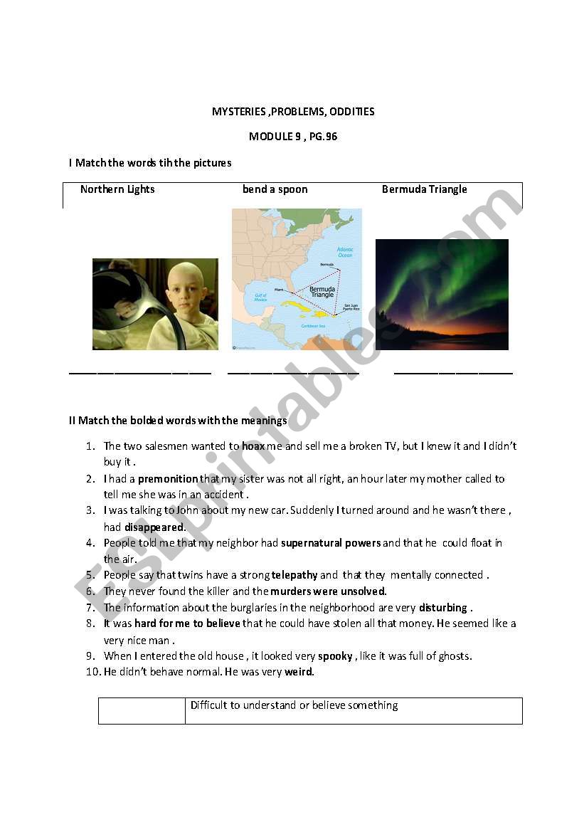 mysteries, odddities worksheet