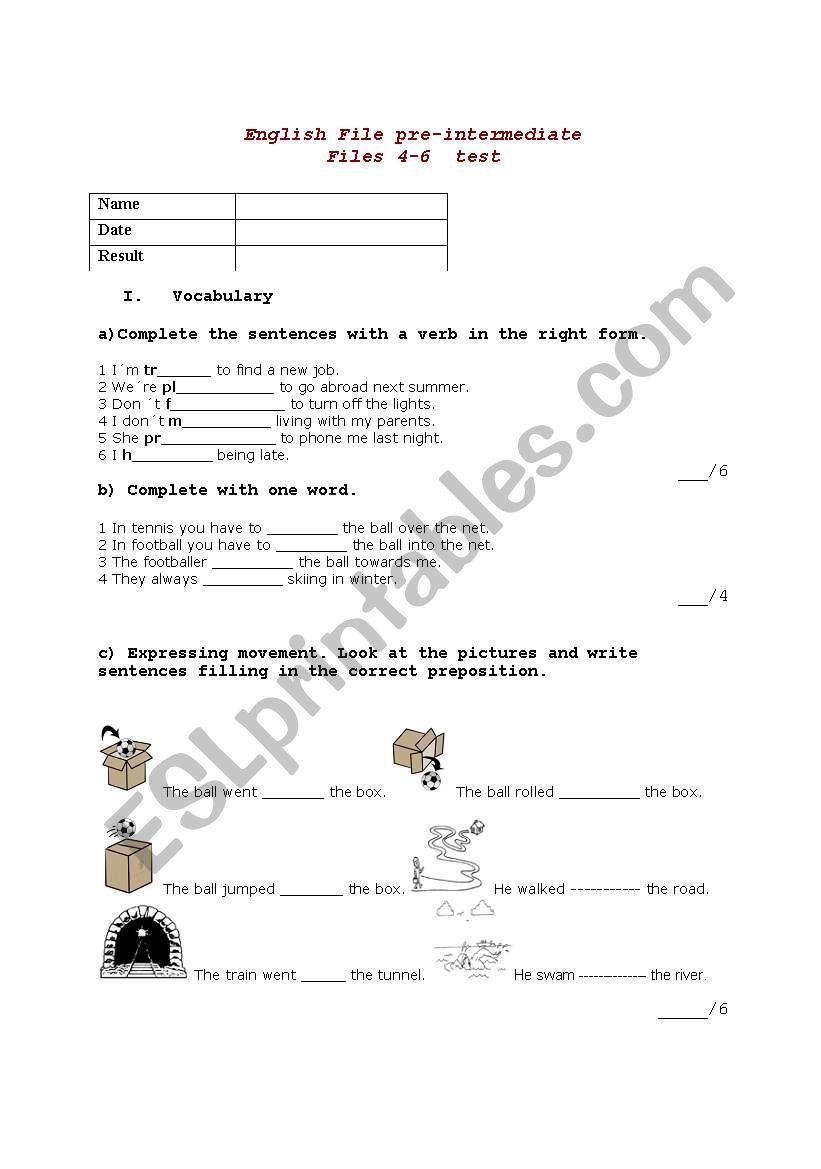 English File pre-intermediate files 4 - 6 test