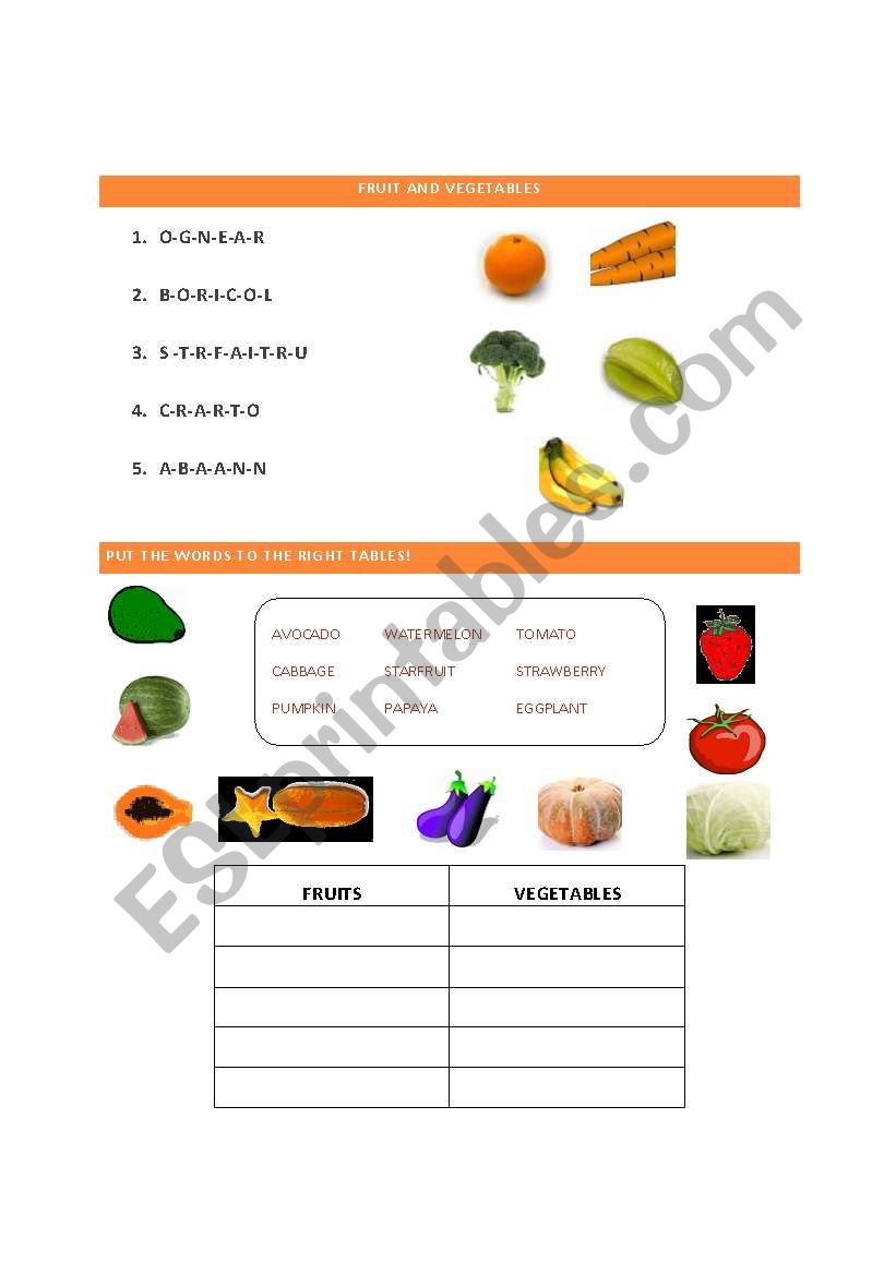 FRUITS AND VEGETABLES worksheet