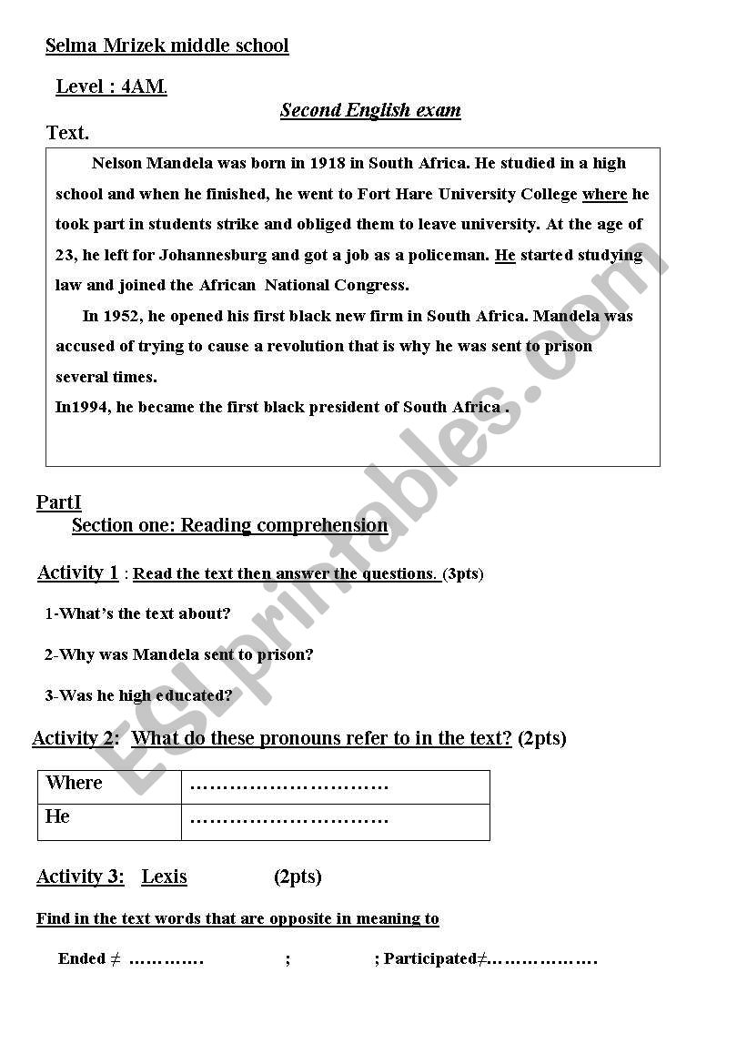 test for middle school pupils worksheet