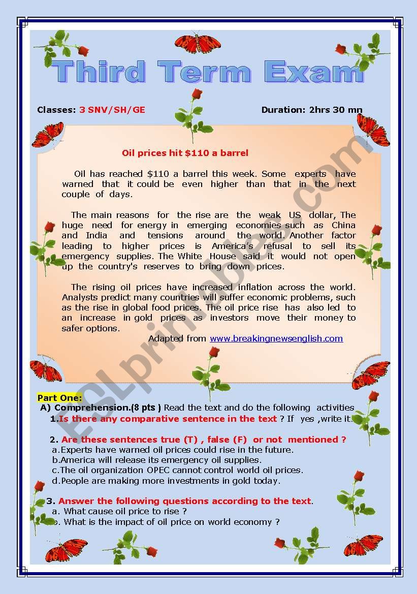 Algeria Bac sample paper about  the Effects of oil Prices on the world´ economy-3 pages with 14 exercises.fully editable.