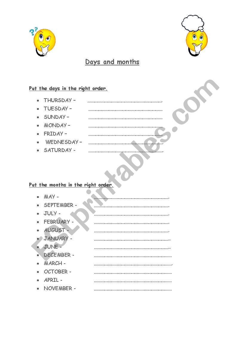 days and months worksheet