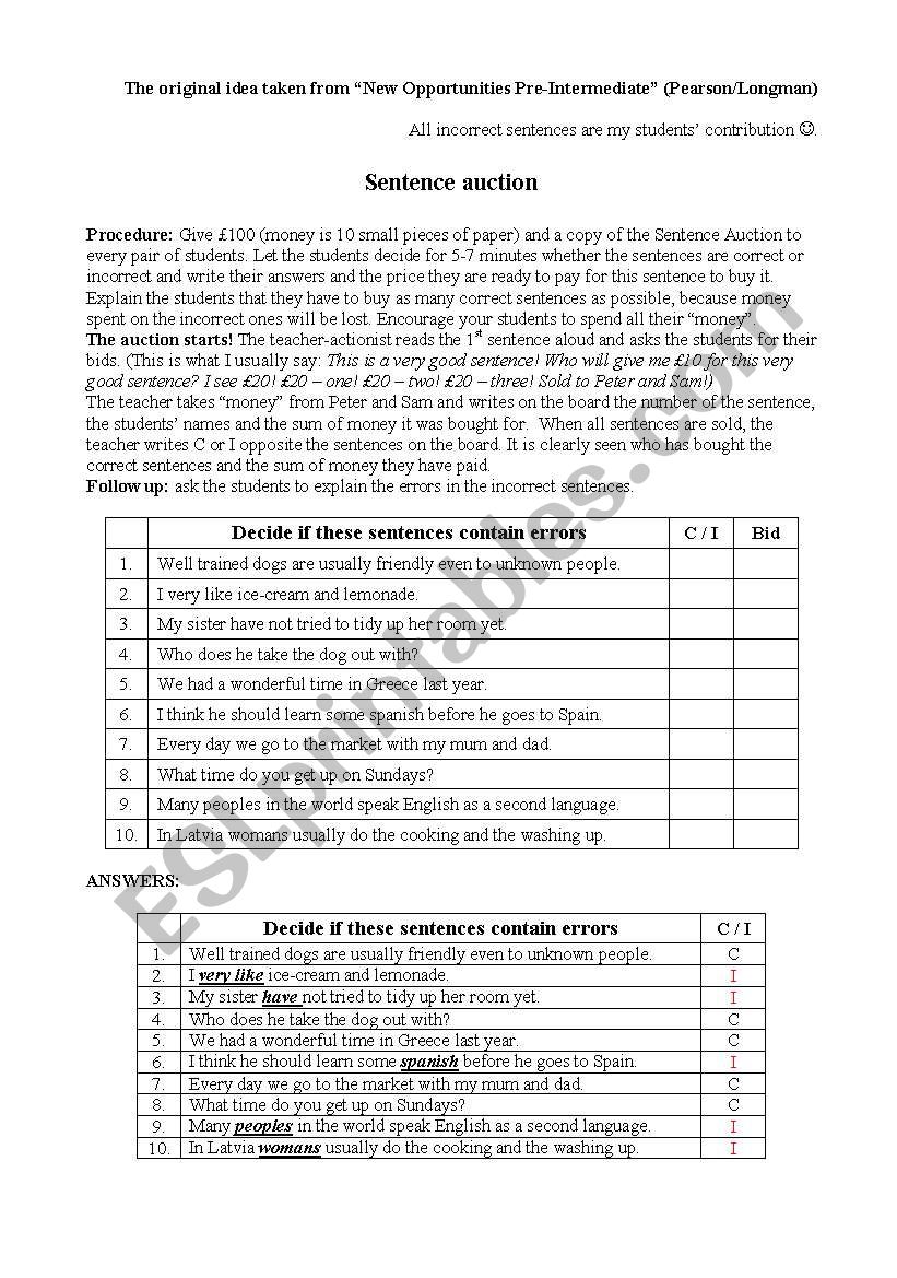 Sentence Auction worksheet