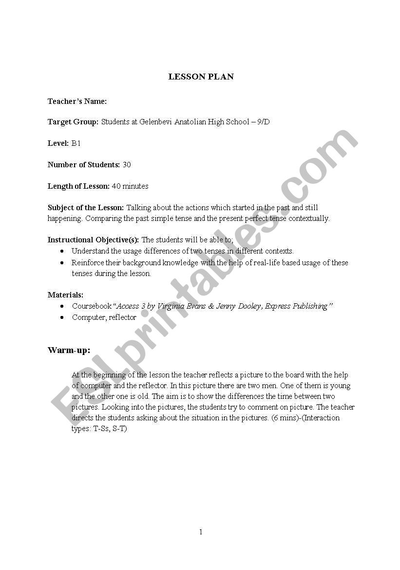 lesson plan-7  Comparing the past simple tense and the present perfect tense contextually. 