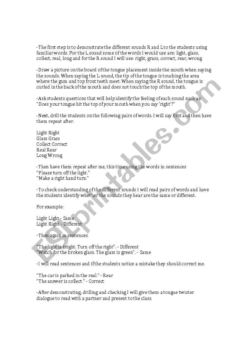 Teaching L R sounds worksheet