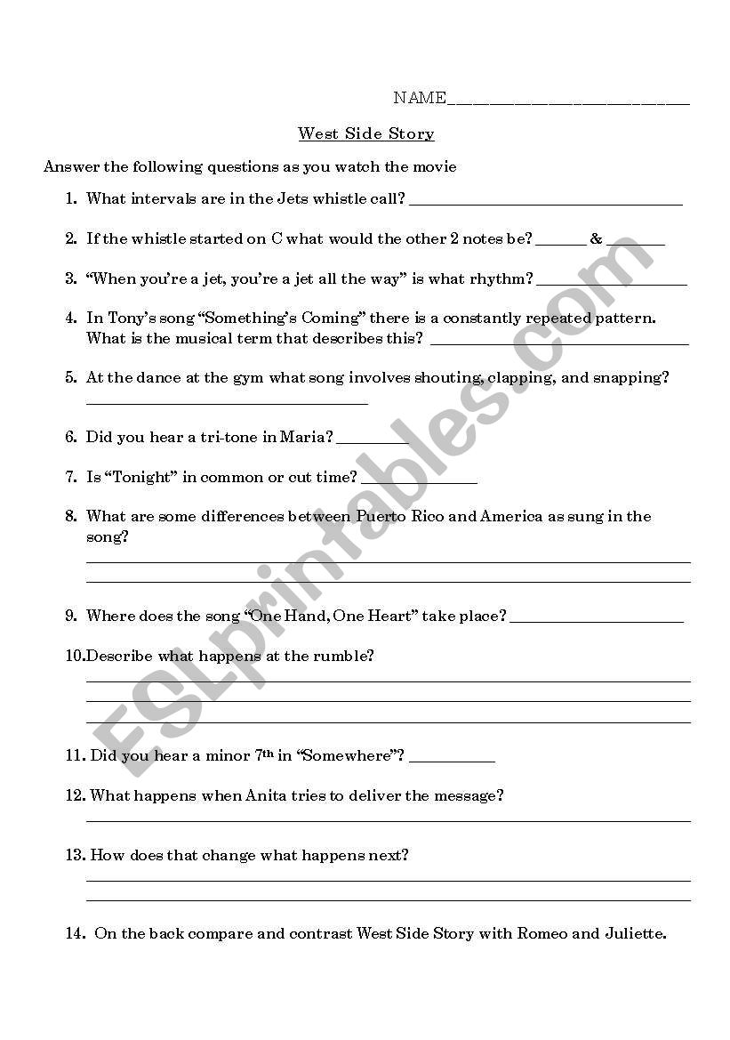 West Side Story movie worksheet