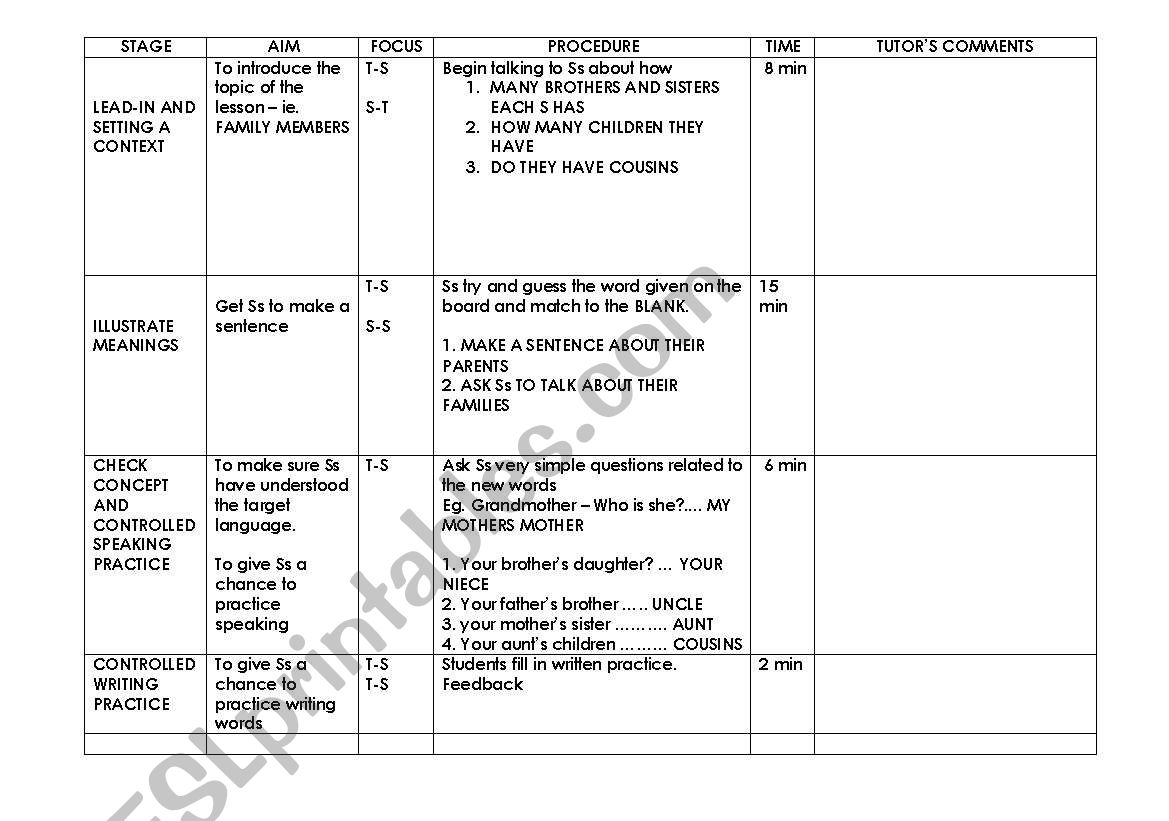 lesson plan family members esl