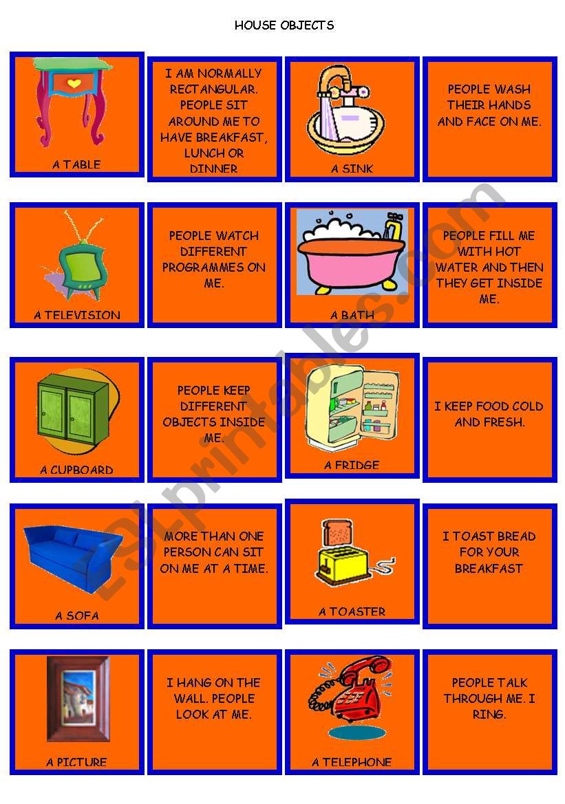 CARD SET 4. HOUSE OBJECTS. DESCRIPTION AND USAGE.