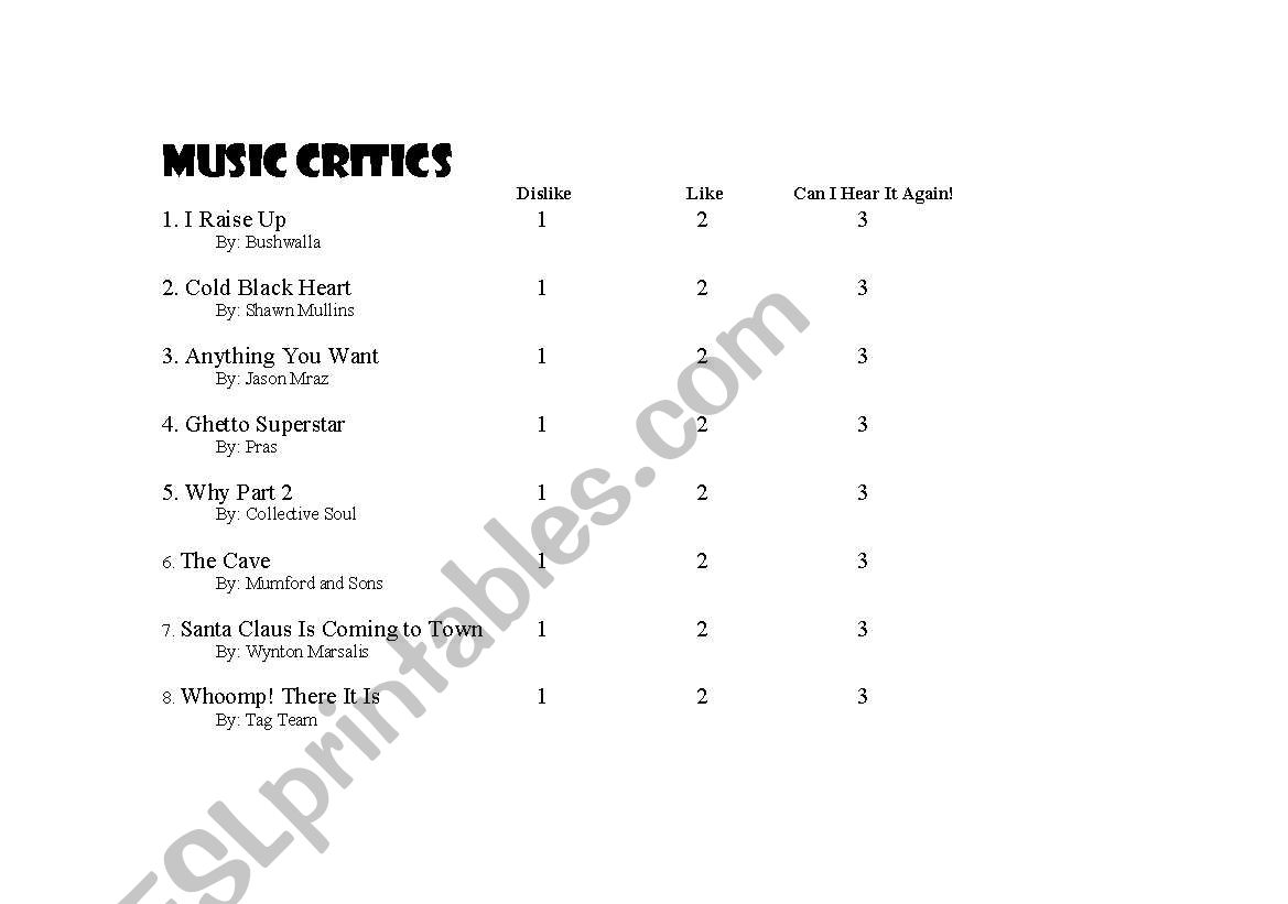 Music Critics worksheet