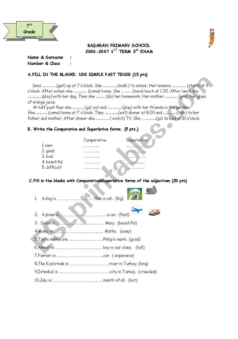 7th grades exam worksheet