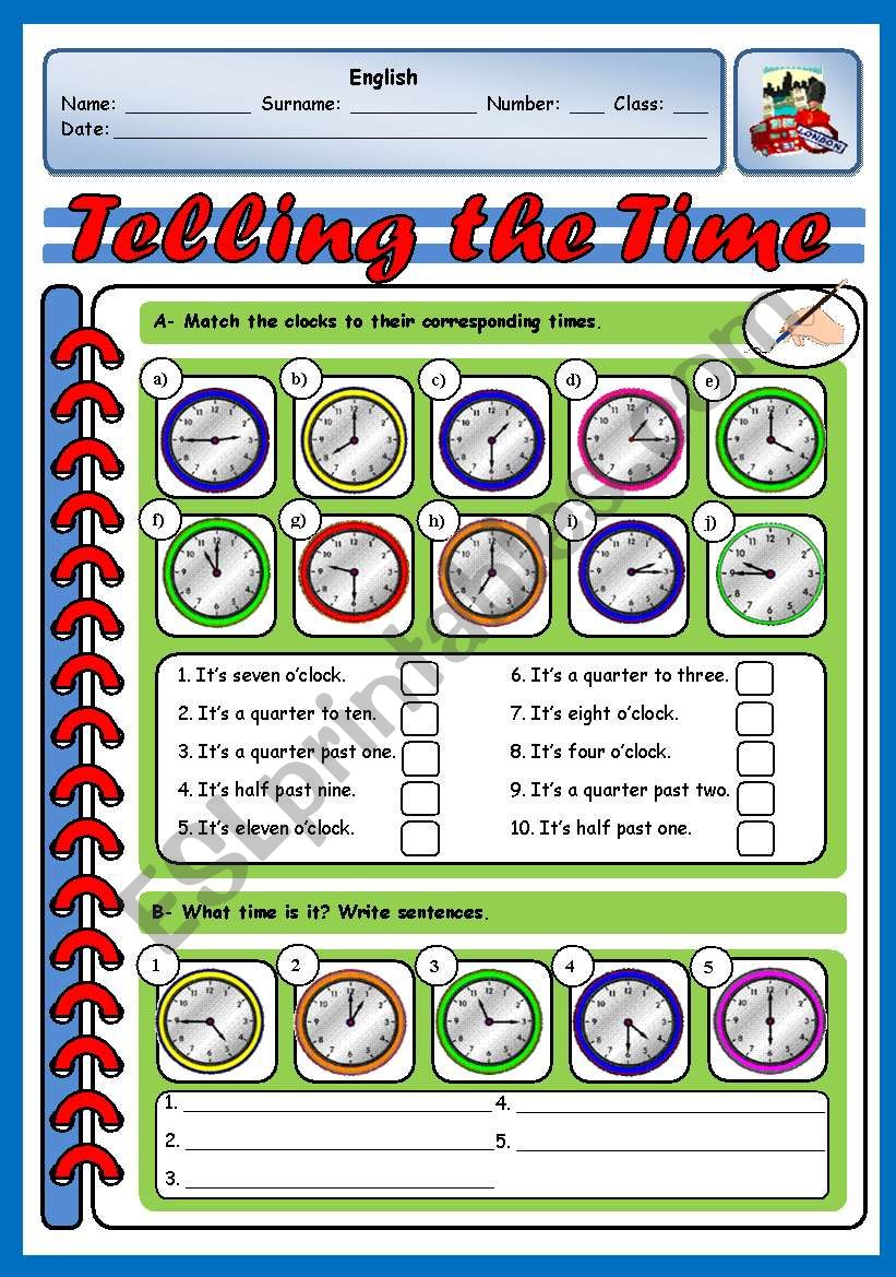 TELLING THE TIME (2 PAGES) worksheet