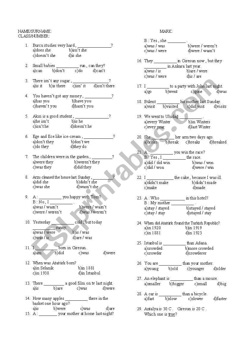 test for 7th graders worksheet