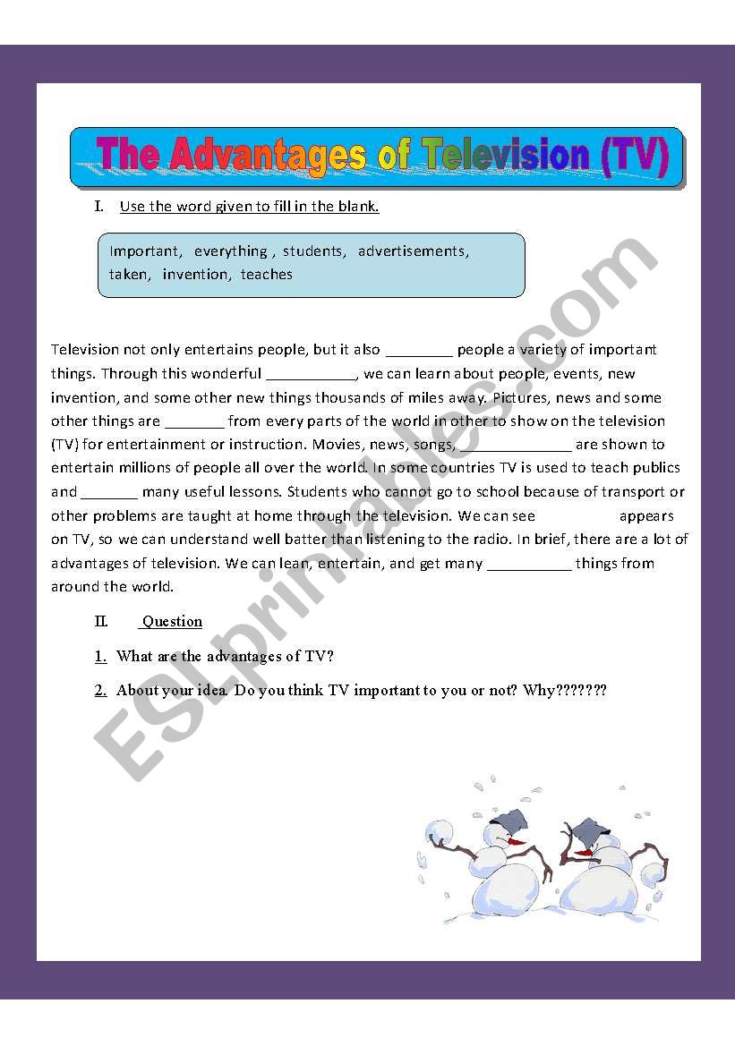 The Advantages of Television worksheet