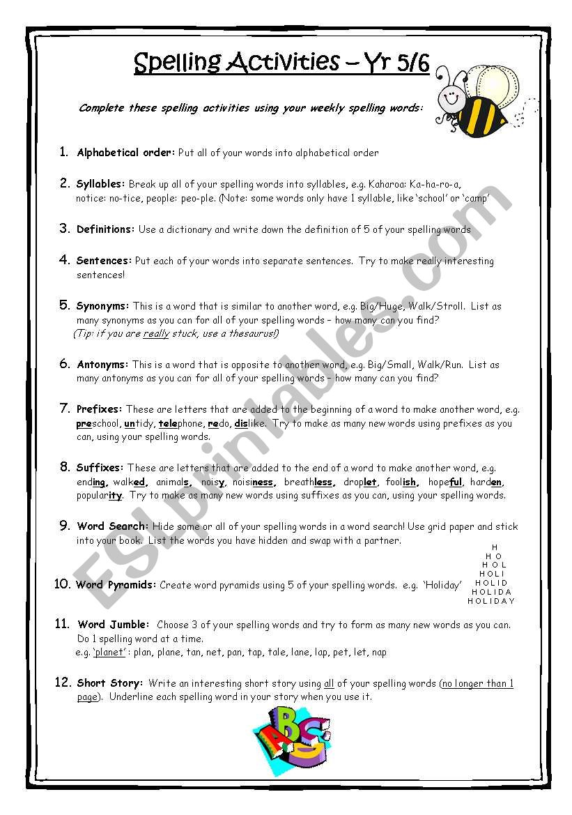 Spelling activites worksheet