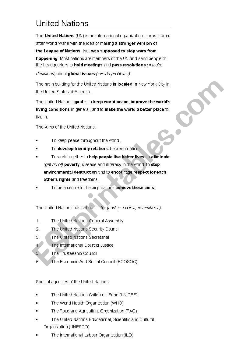 United Nations Work Sheet worksheet