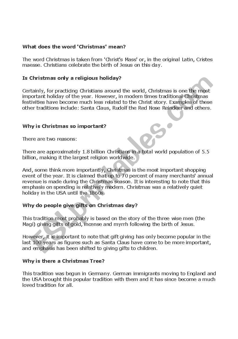Meaning of Christmas Multiple Choice Quiz