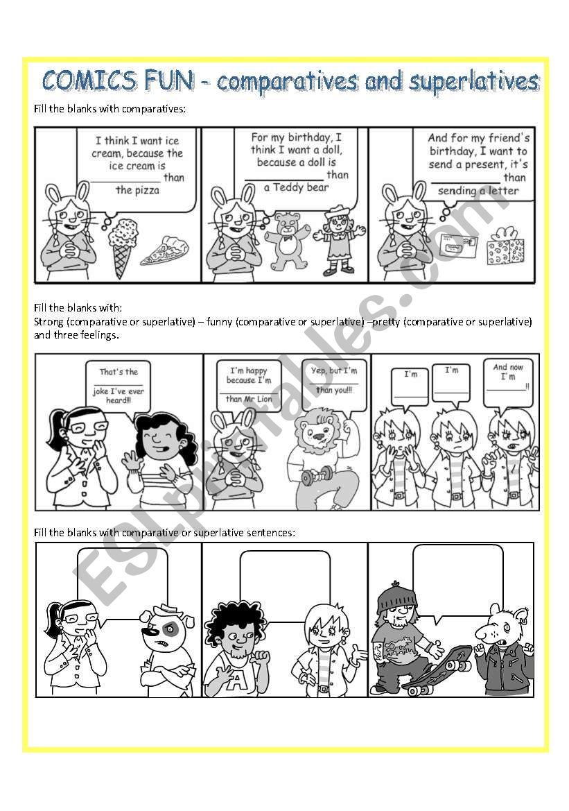 Comics fun - high elementary to pre-intermediate - 3 pages - comparatives, but-and-so-because