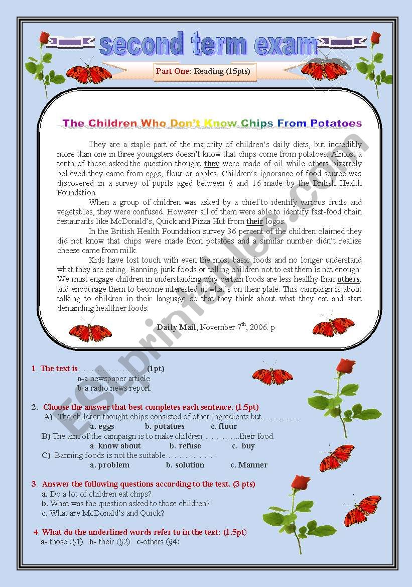 Safety First : ( Children who do not know Chips from Potatoes) 3Rd year Algerian high school Exam.2 pages fully editable.