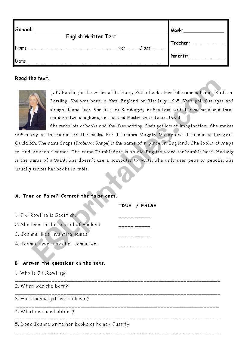 J. J. Rowling worksheet