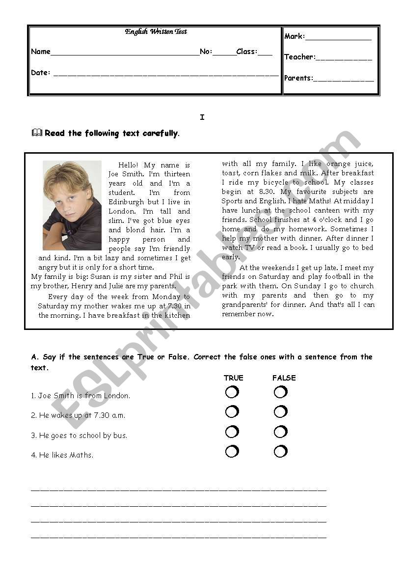 English Written test worksheet