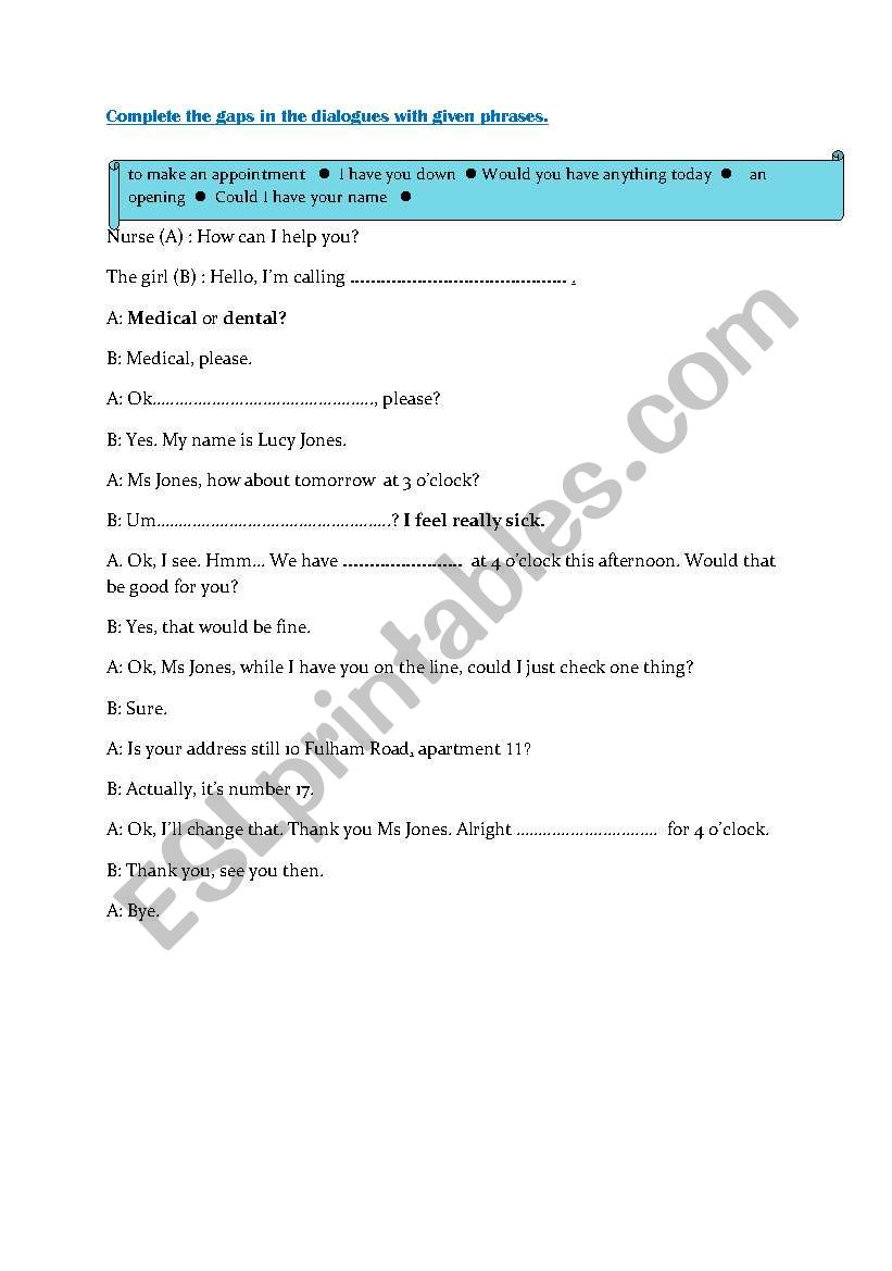making a medical appointment  worksheet