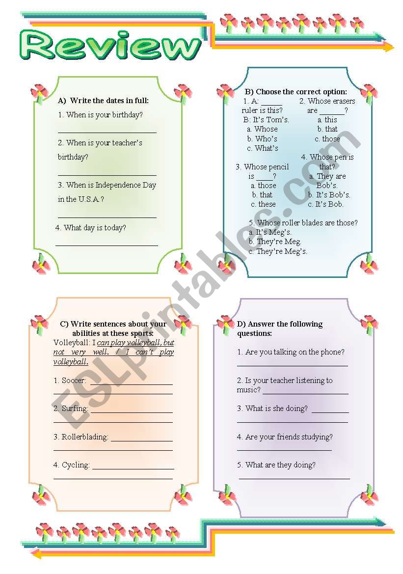 Dates, genitive case, abilities and present continuous review