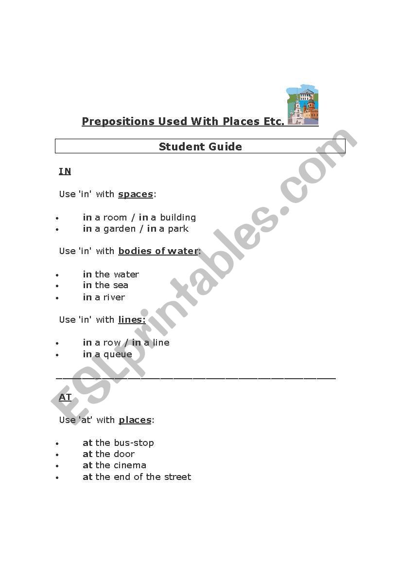 Prepositions of Place - Review, Student Guide and Questionnaire with Answer Key