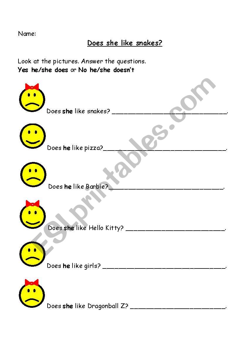 Does she like snakes? worksheet