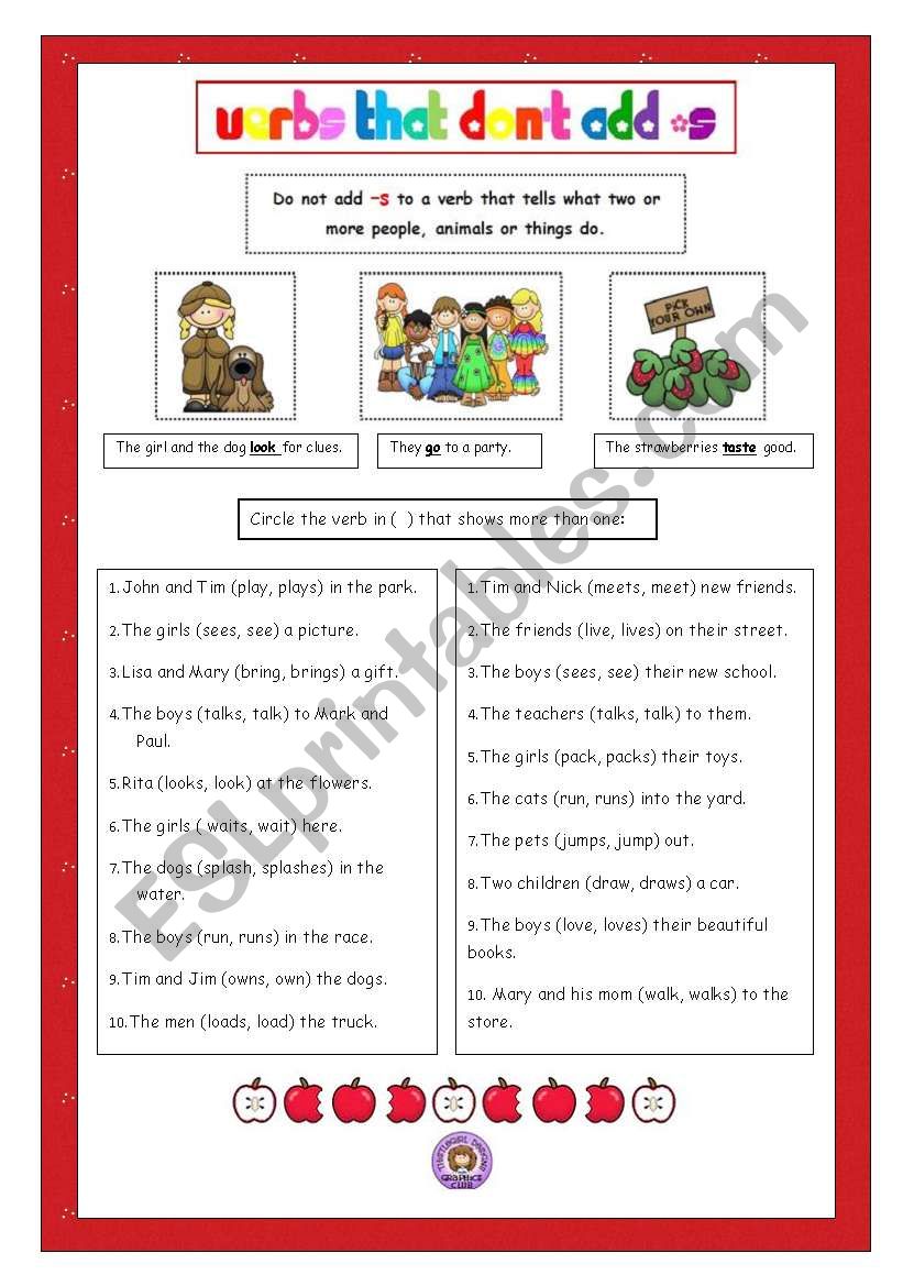Verbs that dont   Add  -s worksheet