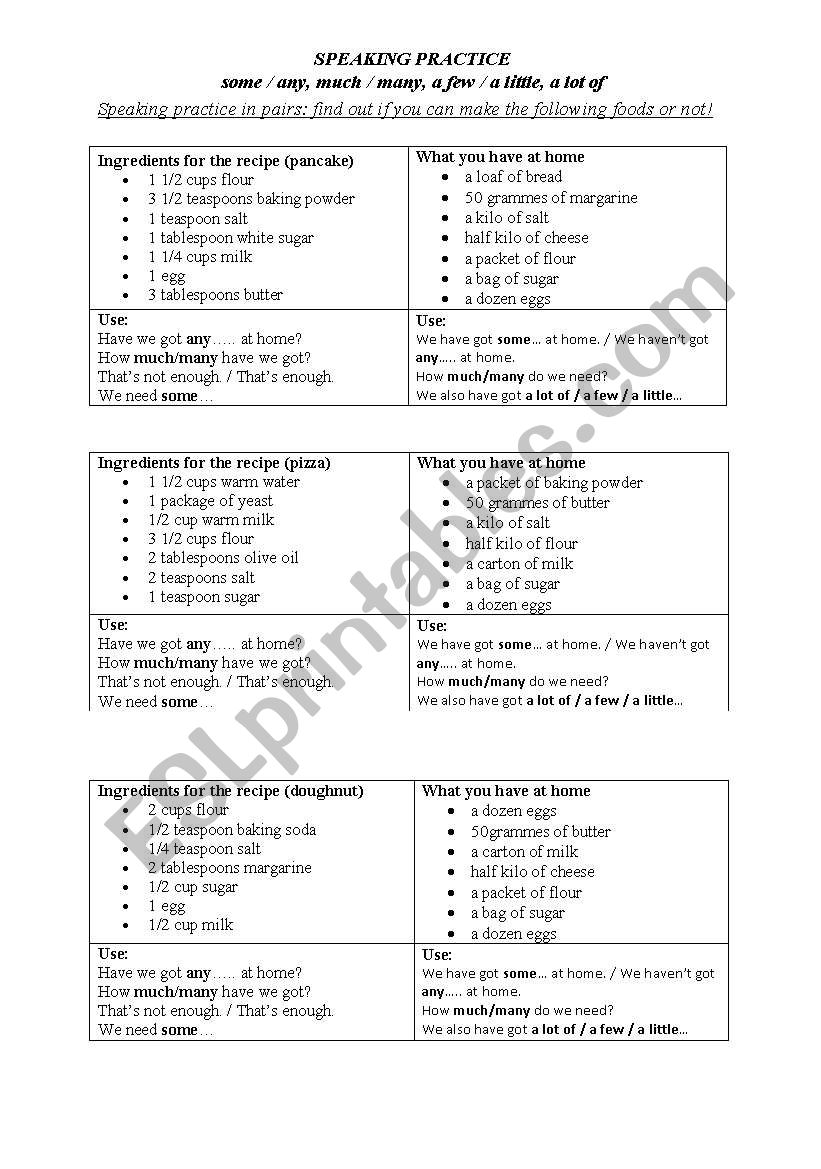 Quantities Speaking Pair work worksheet