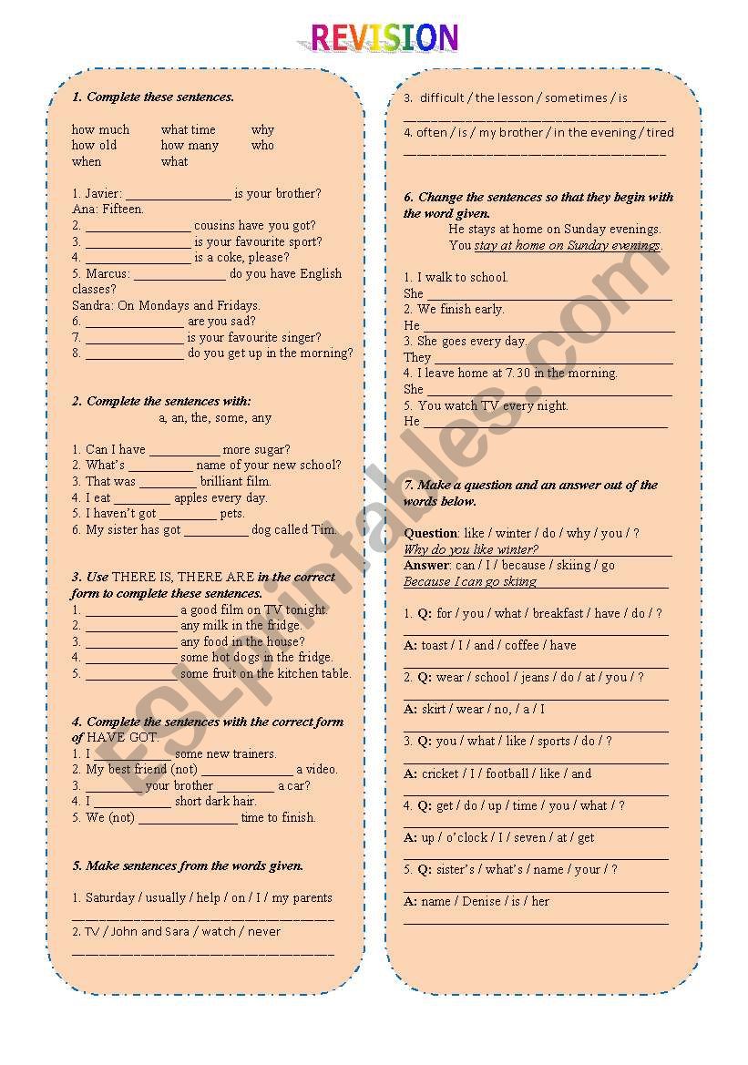 Different exercises. Revision worksheet