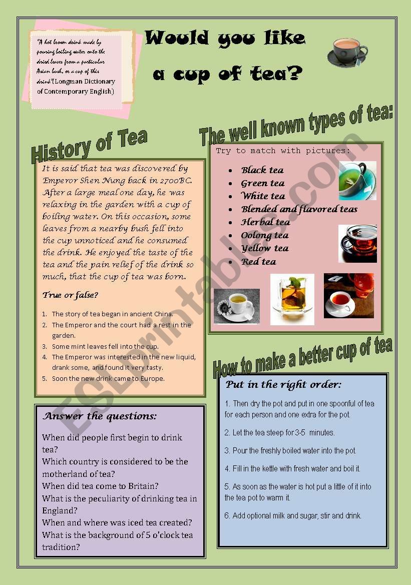 Would you like a cup of tea? worksheet