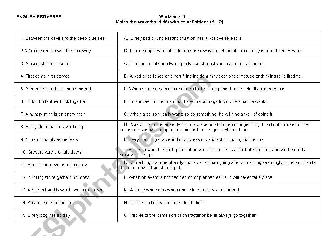 English Proverbs Worksheet 1 worksheet