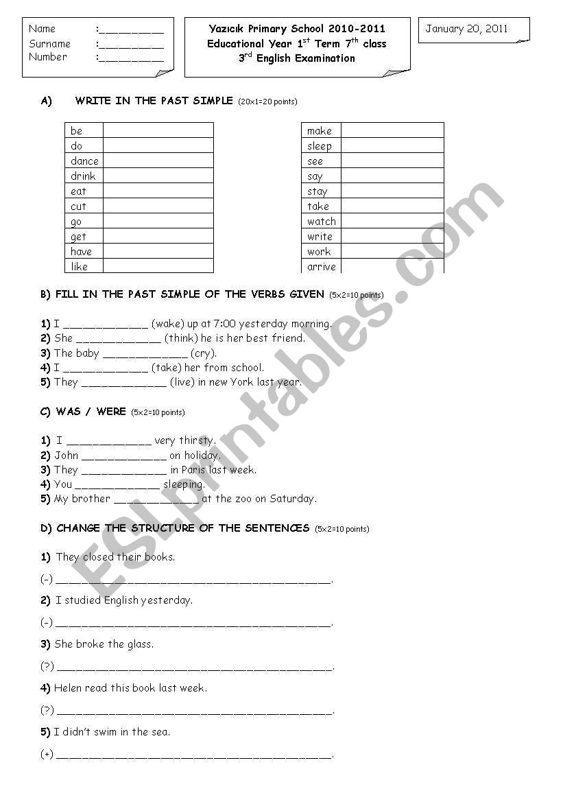 1st Term 7th class  3rd English Examination