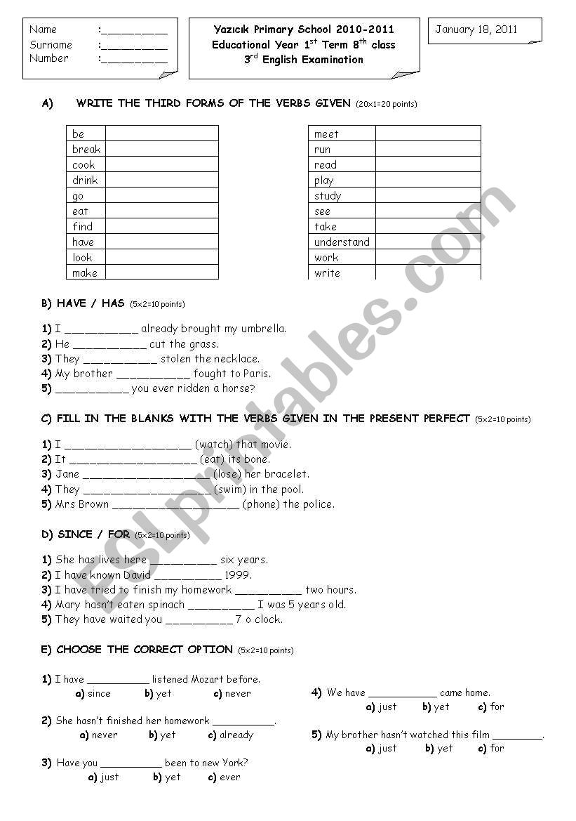 1st Term 8th class  3rd English Examination