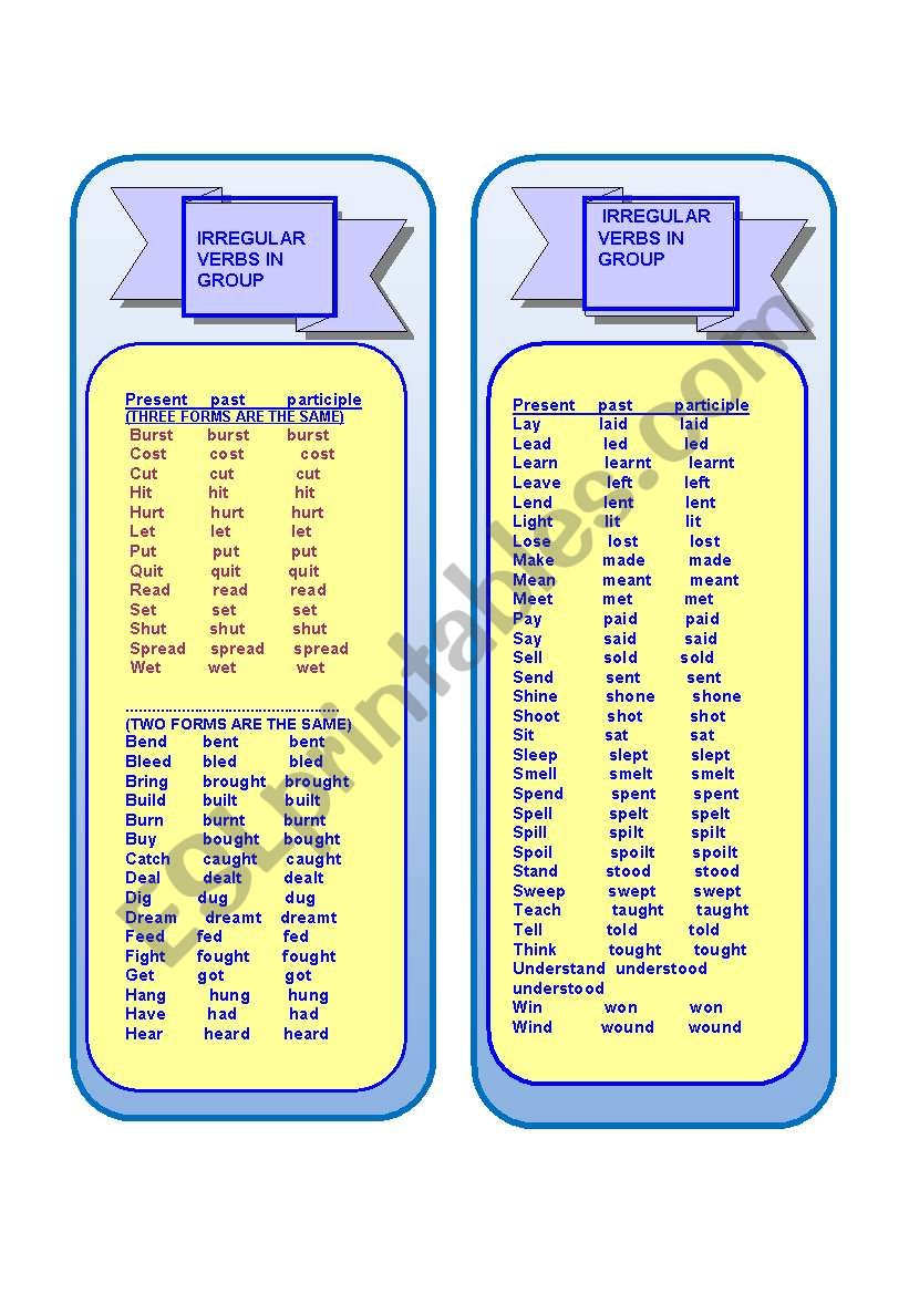 Irregular verbs in group bookmark