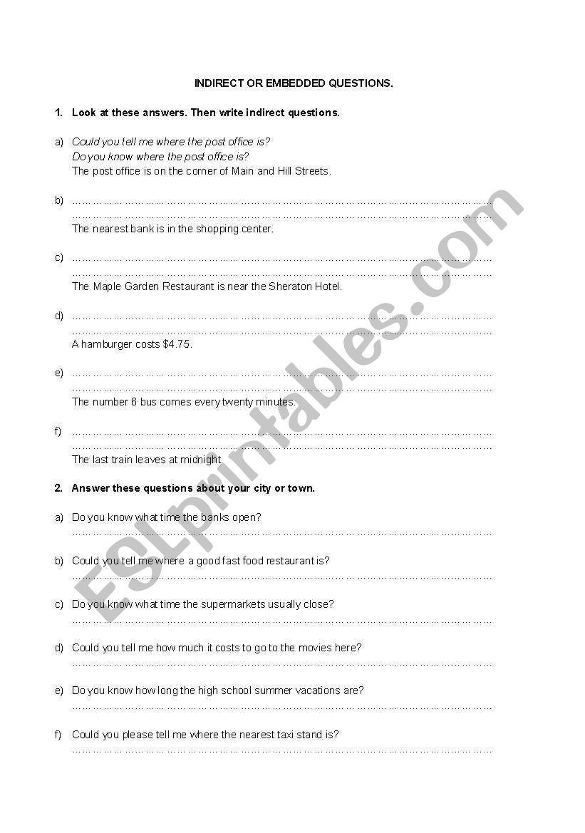 EMBEDED OR INDIRECT QUESTIONS worksheet