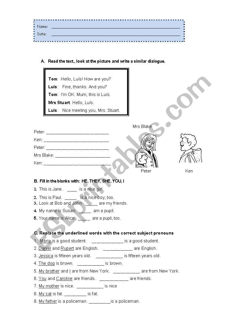 Subject pronouns worksheet