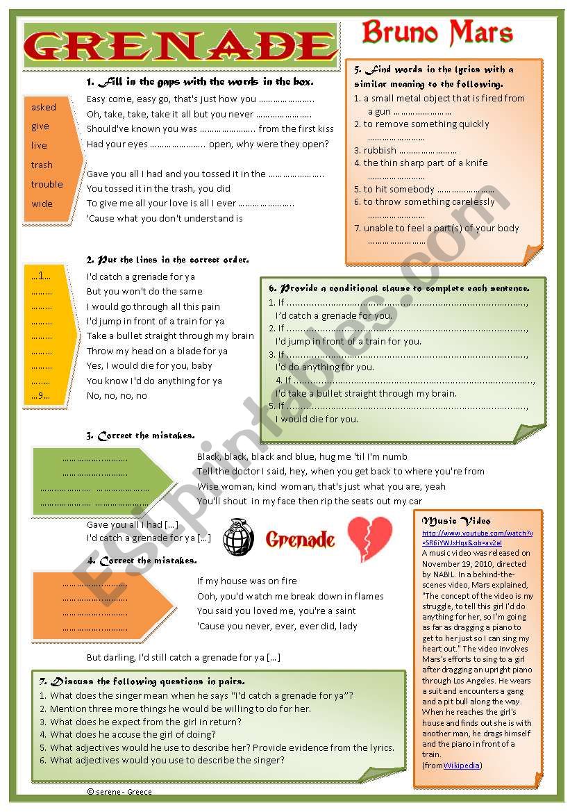 (song) Grenade - Bruno Mars (B&W copy + Answer Key)