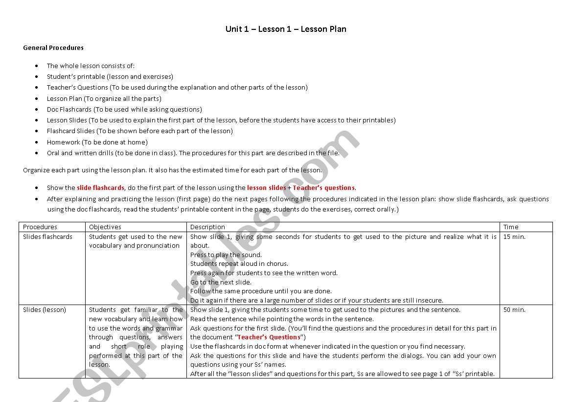 Unit 1, Lesson 1  Lesson Plan (Complete Lesson) with procedures for this lesson + technique used to develop the material ((4 pages)) ***editable