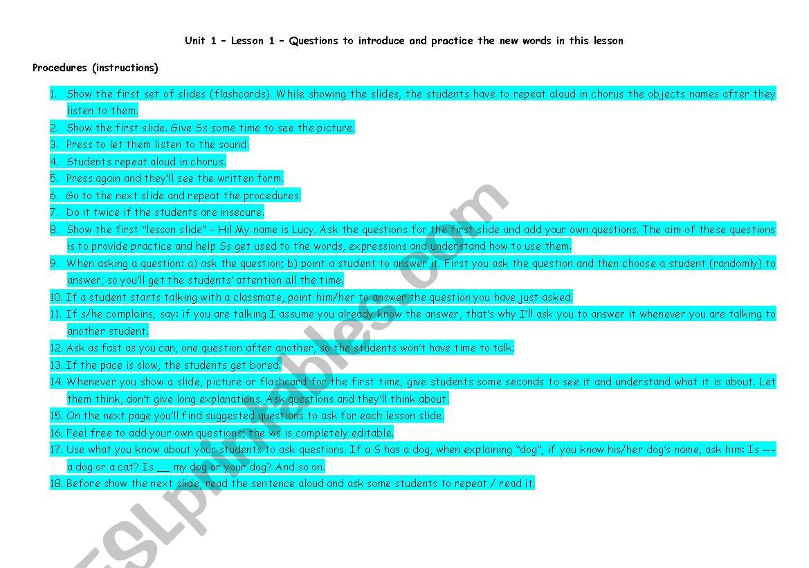 Unit 1, Lesson 1  Teachers Questions (to be used with lesson slides + doc flashcards during the explanation) + doc flashcards  first part ((12 pages)) ***editable