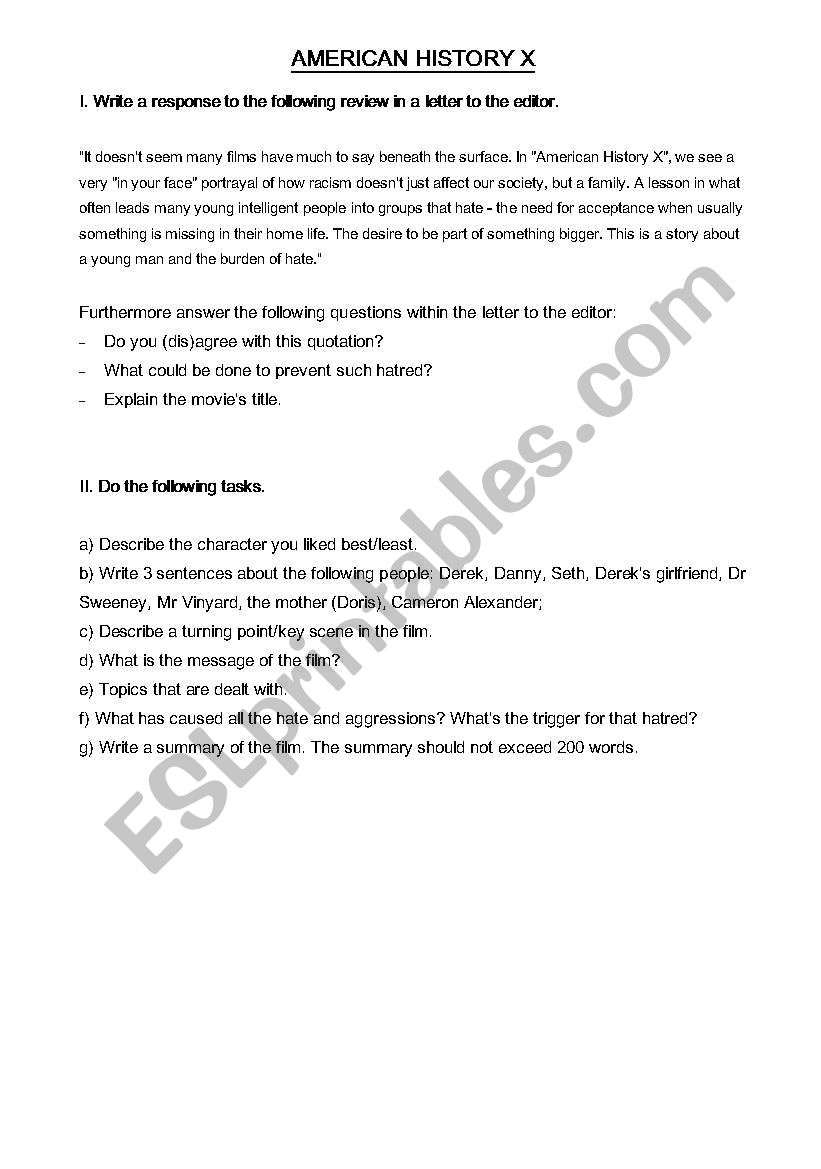 American History X worksheet