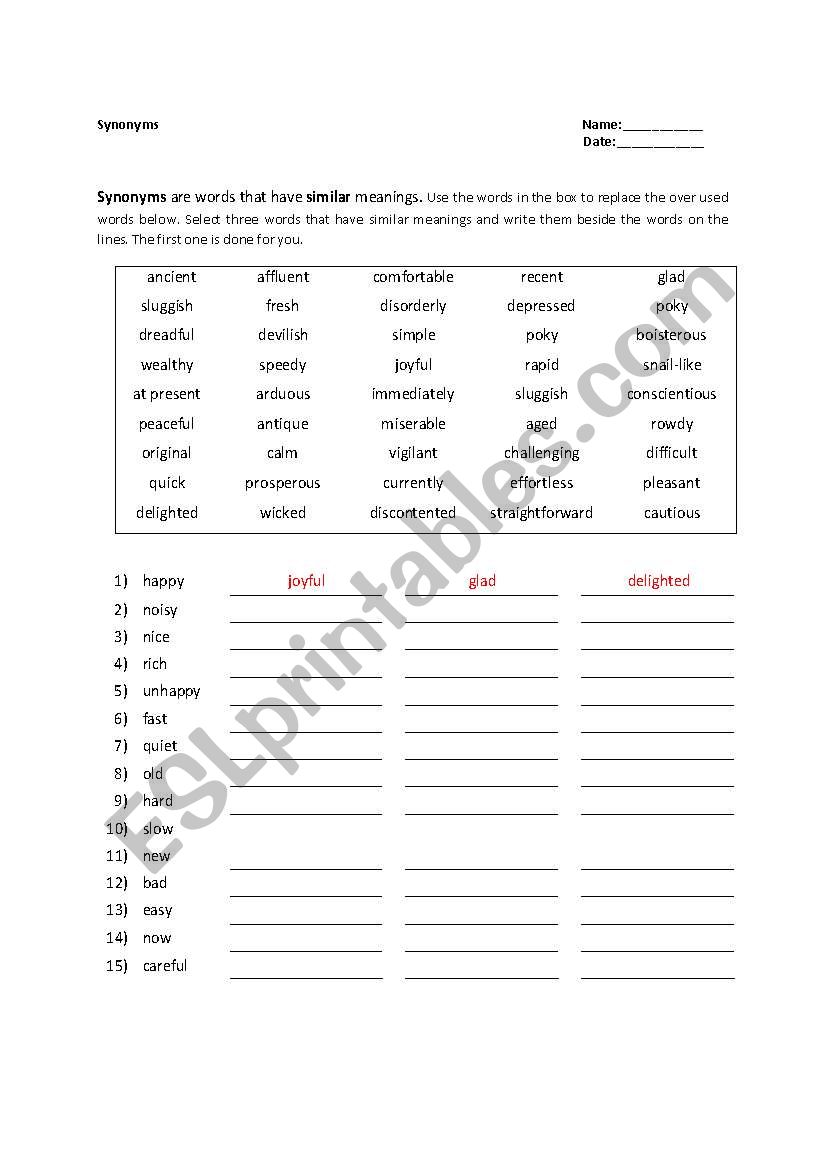 Synonyms (eslprintables) worksheet