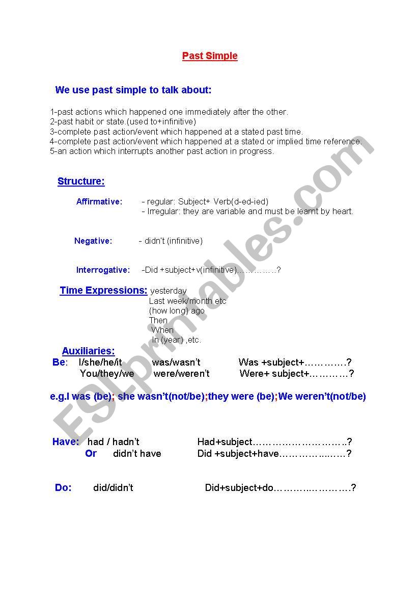 past sipmle use and practice worksheet