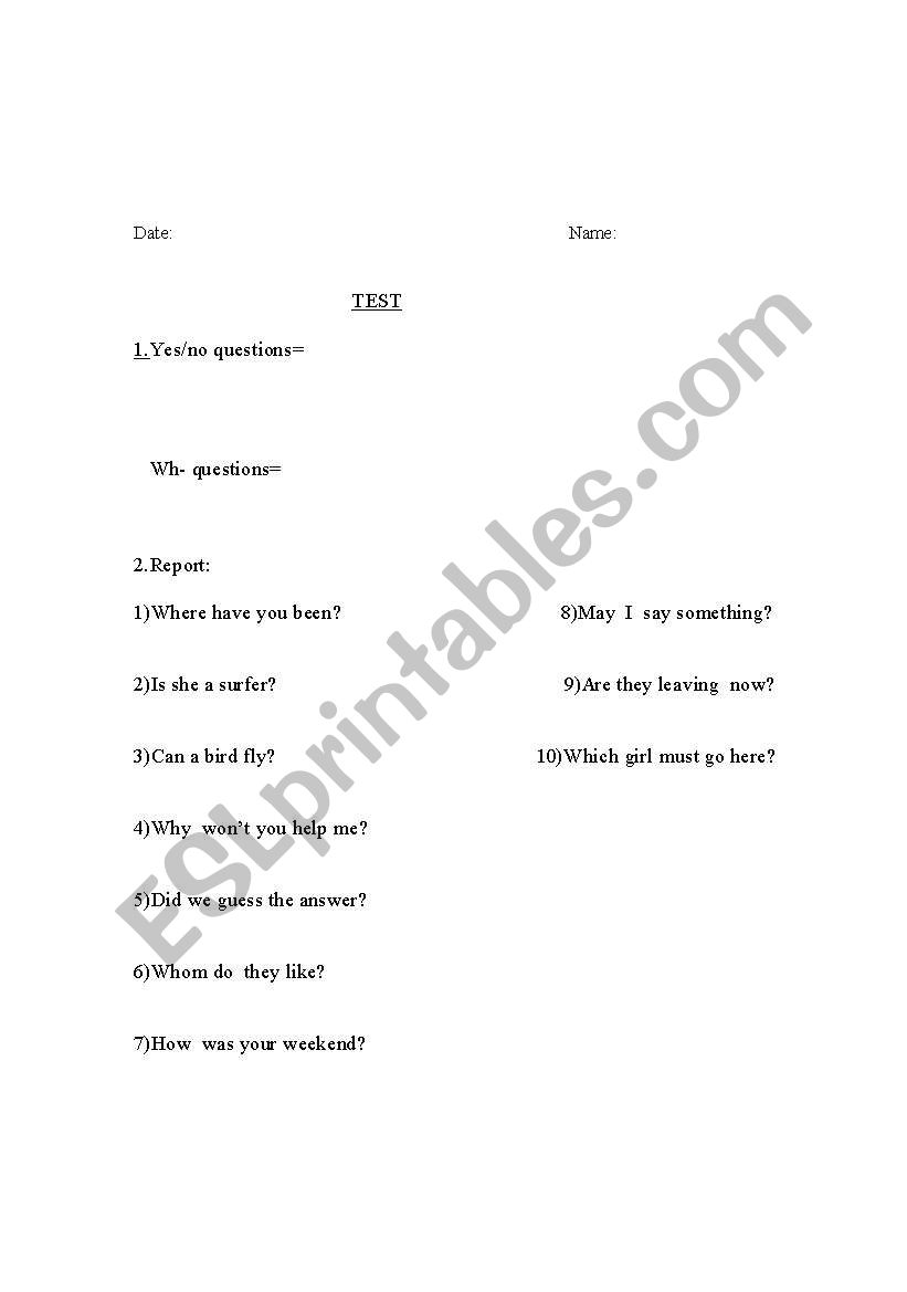 test reported questions worksheet