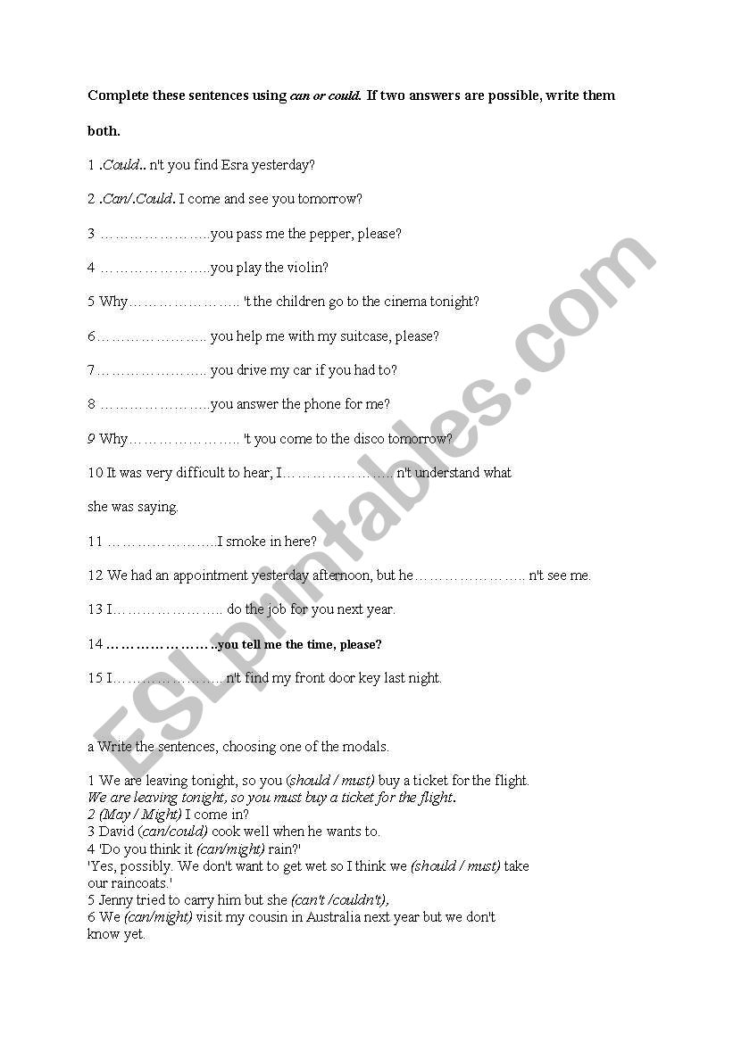 modals worksheet worksheet